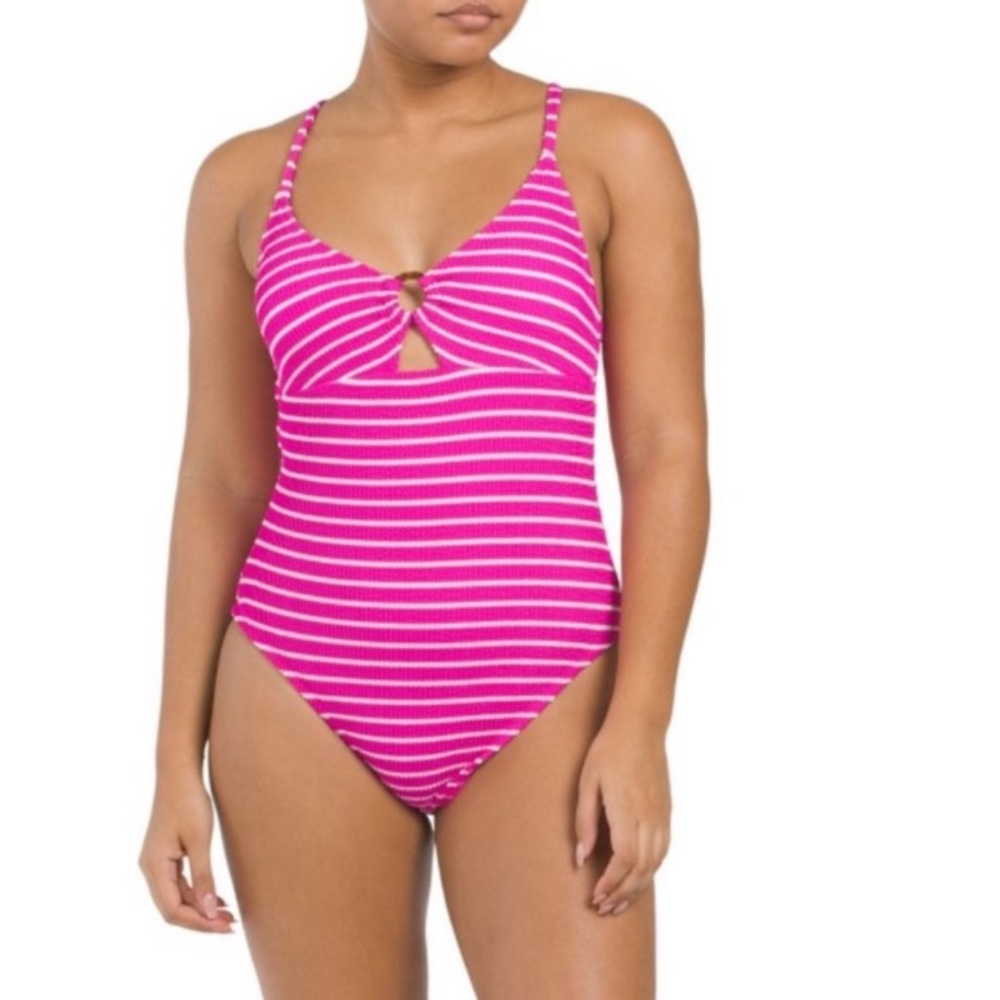 Lucky Brand Swimwear Pink and White Striped one piece Swimsuit size small